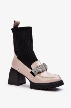 Damskie buty S.Barski Botki Ocieplane|Brązowe I Beżowe Botki*Botki Damskie Ze Skarpeta Na Obcasie Beżowe S.Barski MR870-41 Beżowy