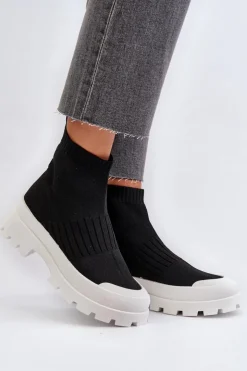 Damskie Boto Botki Damskie Ze Skarpetkową Cholewką Wsuwane Czarne Fiename