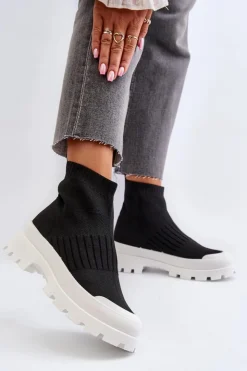 Damskie Boto Botki Damskie Ze Skarpetkową Cholewką Wsuwane Czarne Fiename