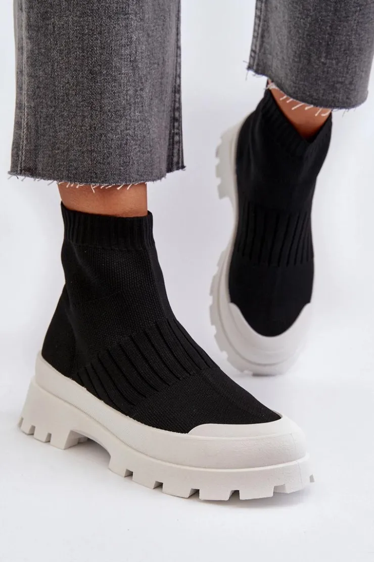Damskie Boto Botki Damskie Ze Skarpetkową Cholewką Wsuwane Czarne Fiename
