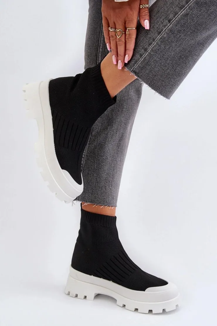 Damskie Boto Botki Damskie Ze Skarpetkową Cholewką Wsuwane Czarne Fiename