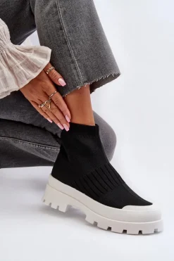 Damskie Boto Botki Damskie Ze Skarpetkową Cholewką Wsuwane Czarne Fiename