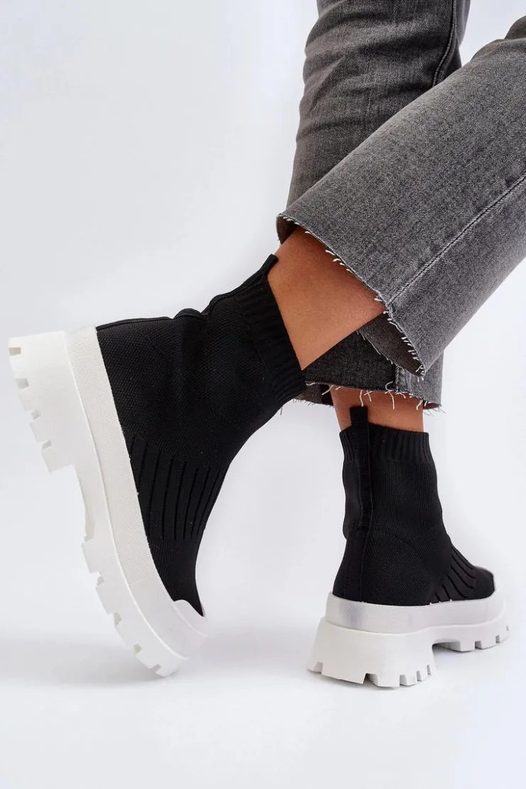 Damskie Boto Botki Damskie Ze Skarpetkową Cholewką Wsuwane Czarne Fiename
