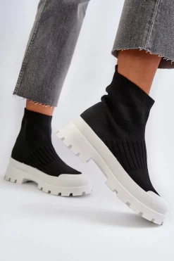Damskie Boto Botki Damskie Ze Skarpetkową Cholewką Wsuwane Czarne Fiename