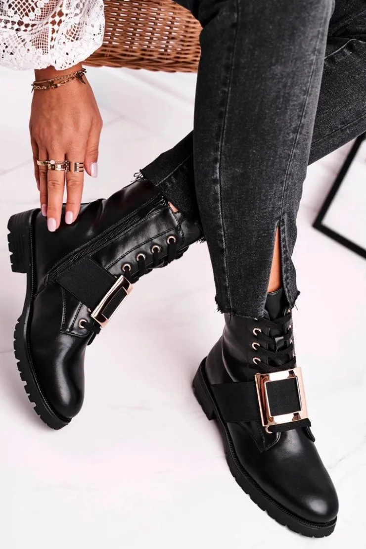 Boto Botki Sznurowane|Czarne Botki*Botki Damskie Ze Złotą Klamrą Happy Su Czarne