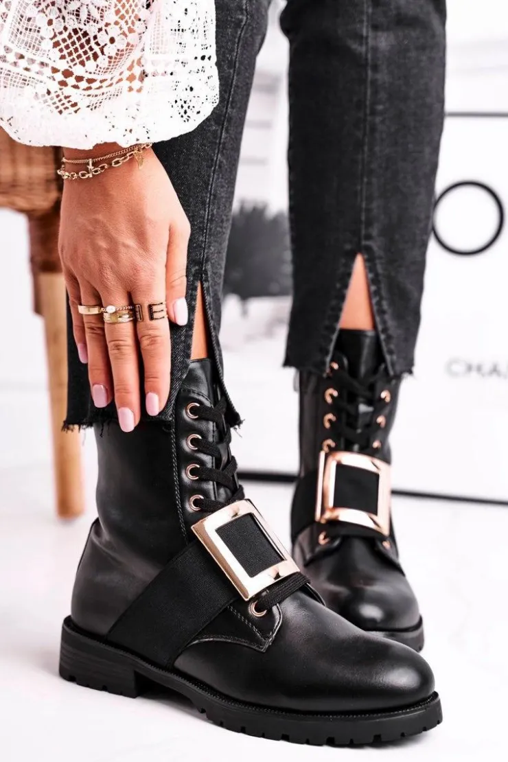 Boto Botki Sznurowane|Czarne Botki*Botki Damskie Ze Złotą Klamrą Happy Su Czarne