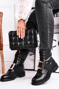 Boto Botki Sznurowane|Czarne Botki*Botki Damskie Ze Złotą Klamrą Happy Su Czarne