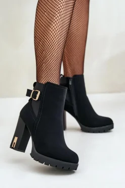 Boto Botki Na Słupku|Czarne Botki*Botki Damskie Ze Złotą Klamrą Na Słupku Ocieplane Czarne Erilanes