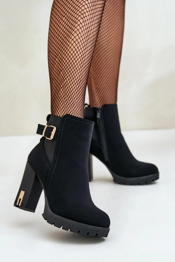 Boto Botki Na Słupku|Czarne Botki*Botki Damskie Ze Złotą Klamrą Na Słupku Ocieplane Czarne Erilanes