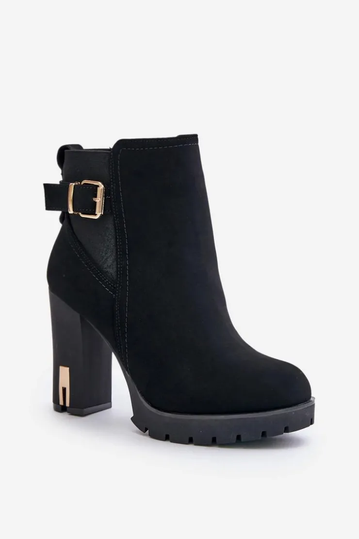 Boto Botki Na Słupku|Czarne Botki*Botki Damskie Ze Złotą Klamrą Na Słupku Ocieplane Czarne Erilanes