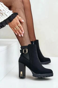 Boto Botki Na Słupku|Czarne Botki*Botki Damskie Ze Złotą Klamrą Na Słupku Ocieplane Czarne Erilanes