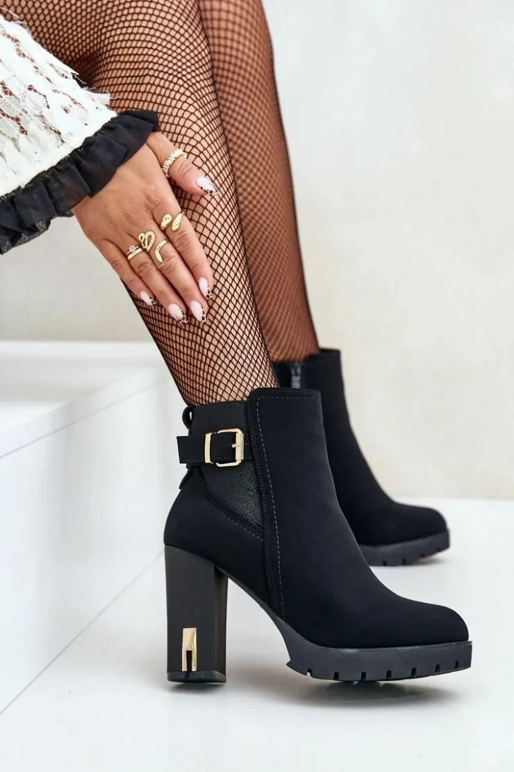 Boto Botki Na Słupku|Czarne Botki*Botki Damskie Ze Złotą Klamrą Na Słupku Ocieplane Czarne Erilanes