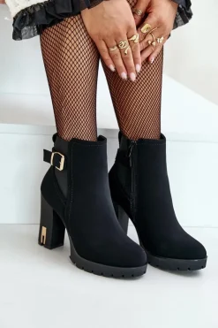 Boto Botki Na Słupku|Czarne Botki*Botki Damskie Ze Złotą Klamrą Na Słupku Ocieplane Czarne Erilanes