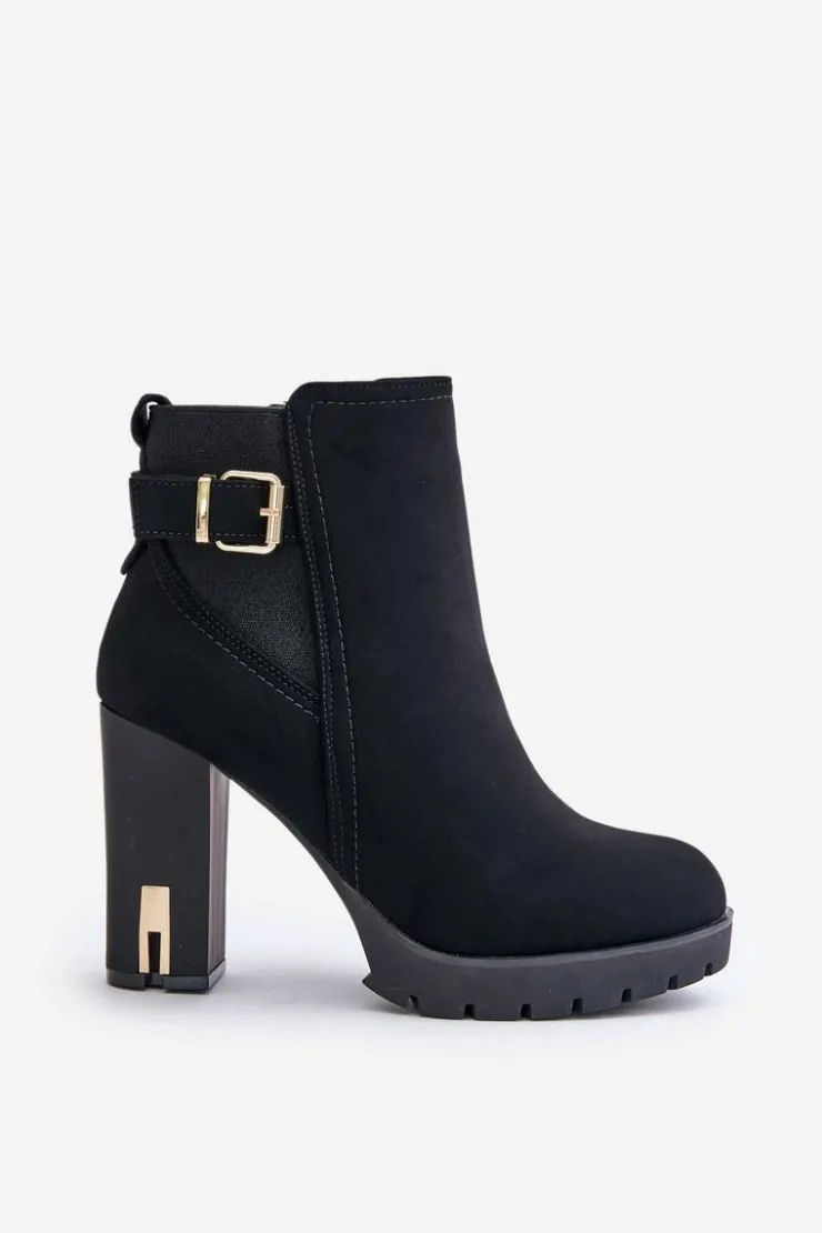 Boto Botki Na Słupku|Czarne Botki*Botki Damskie Ze Złotą Klamrą Na Słupku Ocieplane Czarne Erilanes