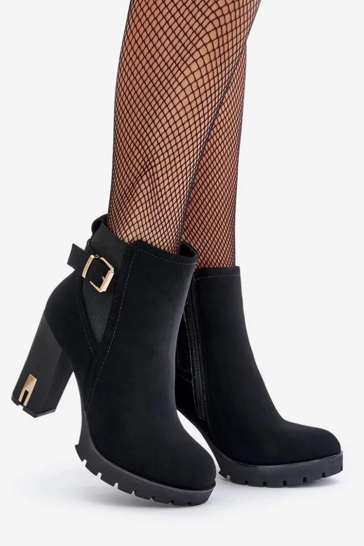 Boto Botki Na Słupku|Czarne Botki*Botki Damskie Ze Złotą Klamrą Na Słupku Ocieplane Czarne Erilanes