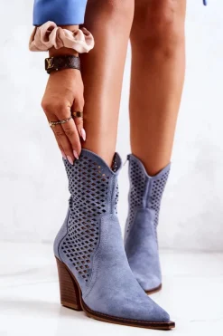Boto Kozaki Zamszowe|Botki Wiosenne*Botki Kowbojki Ażurowe Na Słupku Niebieskie Caroline