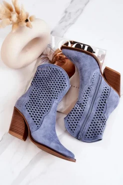 Boto Kozaki Zamszowe|Botki Wiosenne*Botki Kowbojki Ażurowe Na Słupku Niebieskie Caroline