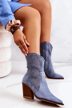 Boto Kozaki Zamszowe|Botki Wiosenne*Botki Kowbojki Ażurowe Na Słupku Niebieskie Caroline