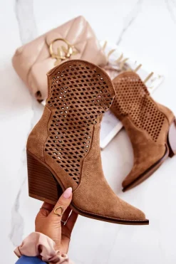 Damskie Boto Botki Kowbojki Ażurowe Na Słupku Camel Caroline