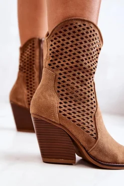 Damskie Boto Botki Kowbojki Ażurowe Na Słupku Camel Caroline
