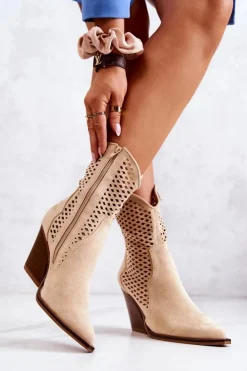 Clearance Boto Botki Kowbojki Ażurowe Na Słupku Beżowe Caroline