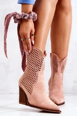Discount Boto Botki Kowbojki Ażurowe Na Słupku Różowe Caroline
