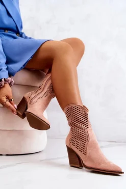 Discount Boto Botki Kowbojki Ażurowe Na Słupku Różowe Caroline