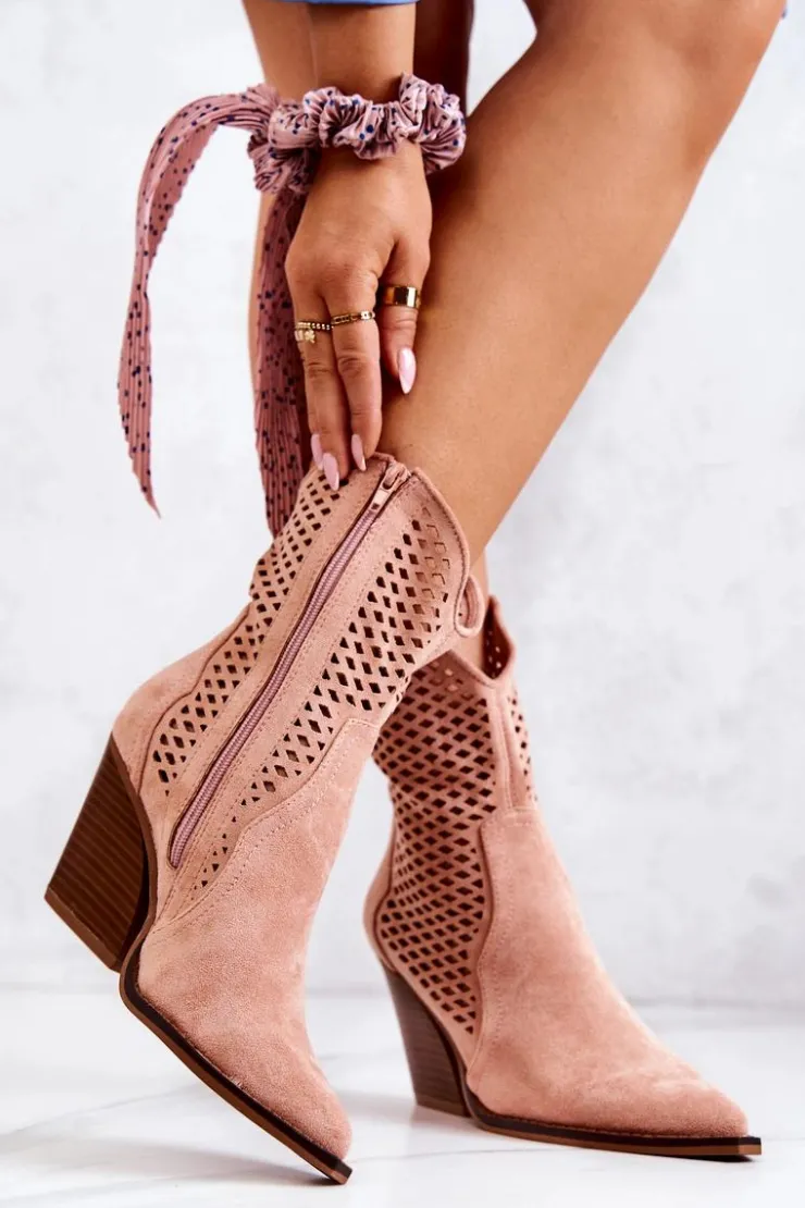 Discount Boto Botki Kowbojki Ażurowe Na Słupku Różowe Caroline