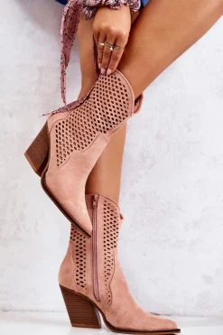 Discount Boto Botki Kowbojki Ażurowe Na Słupku Różowe Caroline