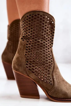 Boto Kozaki Zamszowe|Botki Wiosenne*Botki Kowbojki Ażurowe Na Słupku Khaki Caroline