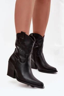 Boto Botki Ocieplane|Botki Skórzane*Botki Kowbojki Damskie Eko Skórzane Na Słupku Czarne Morelia Czarny