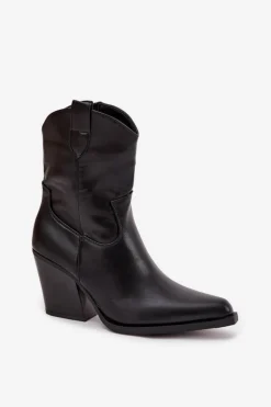 Boto Botki Ocieplane|Botki Skórzane*Botki Kowbojki Damskie Eko Skórzane Na Słupku Czarne Morelia Czarny