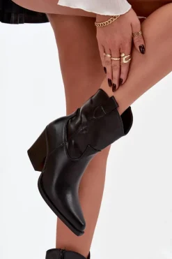 Boto Botki Ocieplane|Botki Skórzane*Botki Kowbojki Damskie Eko Skórzane Na Słupku Czarne Morelia Czarny