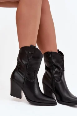 Boto Botki Ocieplane|Botki Skórzane*Botki Kowbojki Damskie Eko Skórzane Na Słupku Czarne Morelia Czarny