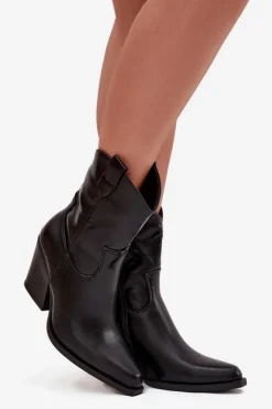 Boto Botki Ocieplane|Botki Skórzane*Botki Kowbojki Damskie Eko Skórzane Na Słupku Czarne Morelia Czarny