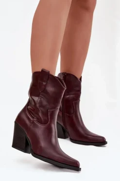 Hot Boto Botki Kowbojki Damskie Eko Skórzane Na Słupku Bordowe Morelia Czerwony