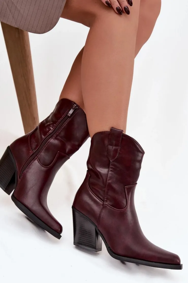 Hot Boto Botki Kowbojki Damskie Eko Skórzane Na Słupku Bordowe Morelia Czerwony