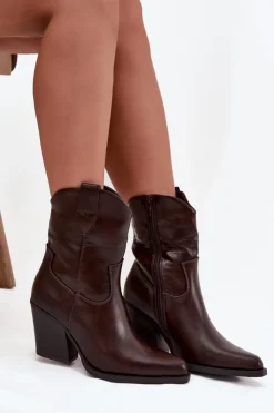 Damskie Boto Botki Kowbojki Damskie Eko Skórzane Na Słupku Czekoladowe Morelia