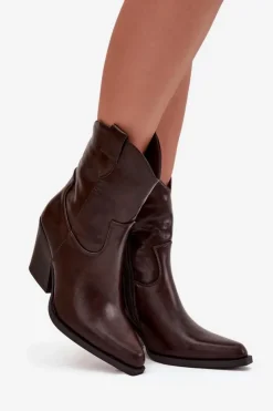 Damskie Boto Botki Kowbojki Damskie Eko Skórzane Na Słupku Czekoladowe Morelia