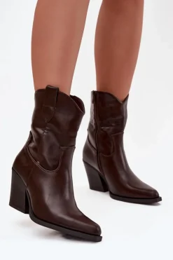 Damskie Boto Botki Kowbojki Damskie Eko Skórzane Na Słupku Czekoladowe Morelia