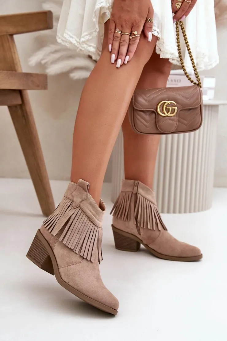 Damskie buty S.Barski Botki Skórzane|Botki Na Słupku*Botki Kowbojki Damskie Na Zamek Eko Zamszowe Beżowe S.Barski HY42-127