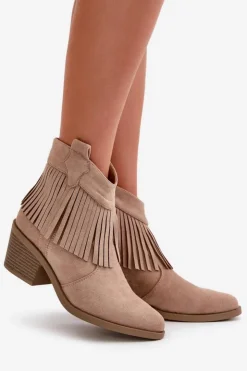 Damskie buty S.Barski Botki Skórzane|Botki Na Słupku*Botki Kowbojki Damskie Na Zamek Eko Zamszowe Beżowe S.Barski HY42-127