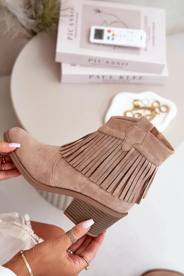 Damskie buty S.Barski Botki Skórzane|Botki Na Słupku*Botki Kowbojki Damskie Na Zamek Eko Zamszowe Beżowe S.Barski HY42-127