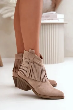 Damskie buty S.Barski Botki Skórzane|Botki Na Słupku*Botki Kowbojki Damskie Na Zamek Eko Zamszowe Beżowe S.Barski HY42-127