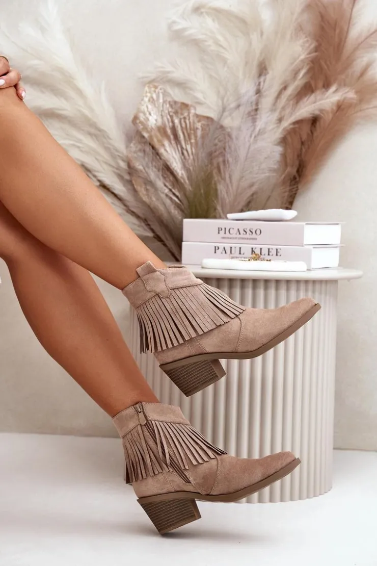 Damskie buty S.Barski Botki Skórzane|Botki Na Słupku*Botki Kowbojki Damskie Na Zamek Eko Zamszowe Beżowe S.Barski HY42-127