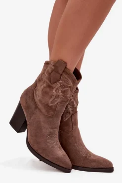 New Boto Botki Kowbojki Damskie Na Słupku Eko Zamszowe Ciemnobeżowe Carissa Beżowy