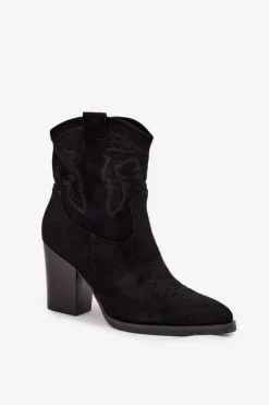 Damskie Boto Botki Kowbojki Damskie Na Słupku Eko Zamszowe Czarne Carissa