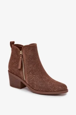 Damskie buty S.Barski Botki Na Słupku|Botki Ażurowe*Botki Kowbojki Damskie Na Obcasie S.Barski HY52-538 Brązowe Brązowy