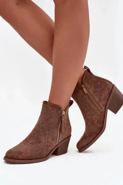 Damskie buty S.Barski Botki Na Słupku|Botki Ażurowe*Botki Kowbojki Damskie Na Obcasie S.Barski HY52-538 Brązowe Brązowy