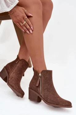 Damskie buty S.Barski Botki Na Słupku|Botki Ażurowe*Botki Kowbojki Damskie Na Obcasie S.Barski HY52-538 Brązowe Brązowy